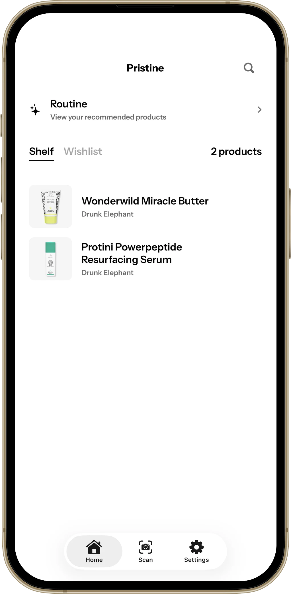 Pristine routine screen showing saved skincare products
